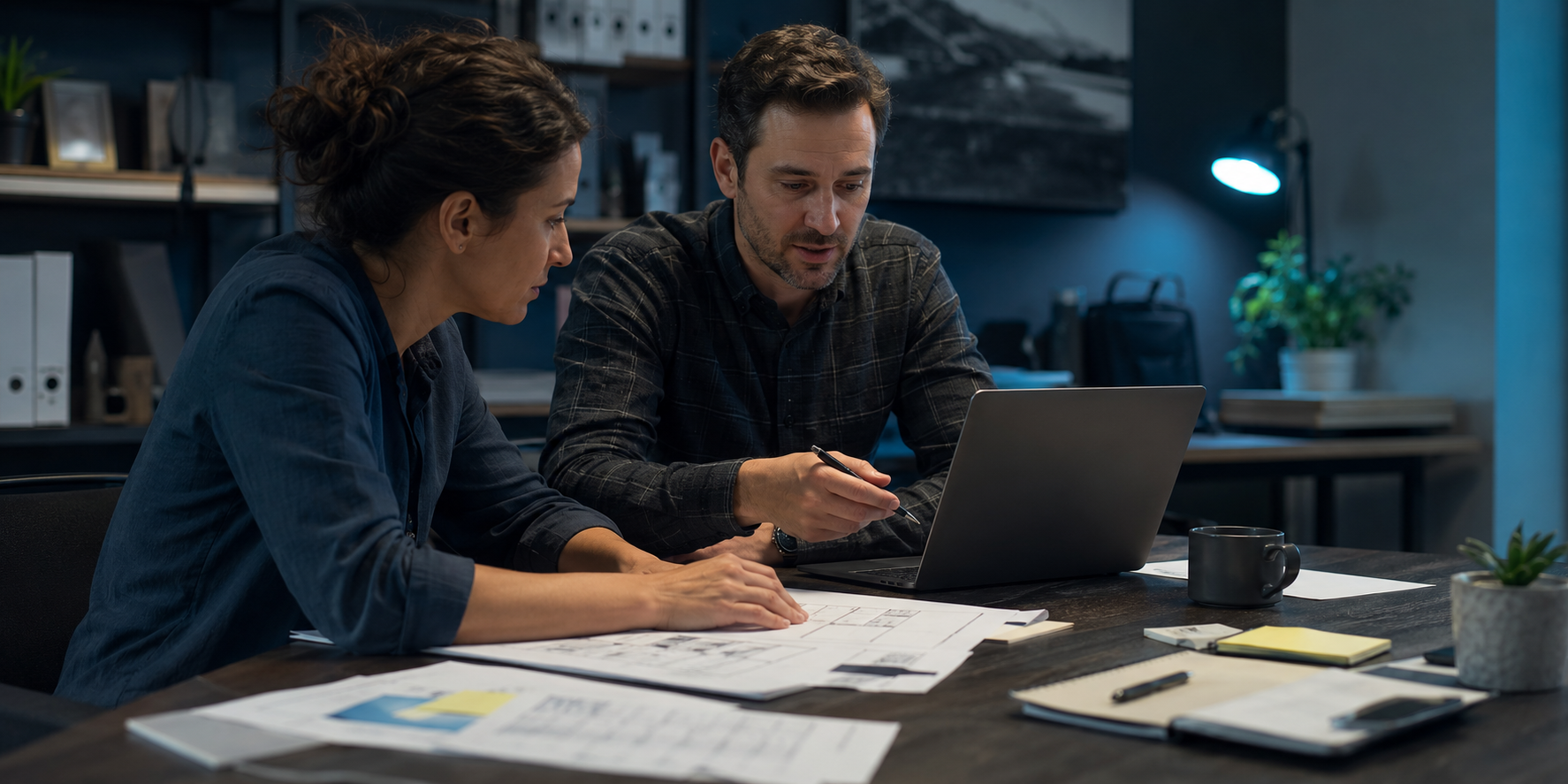 Consultant and business operator reviewing software requirements