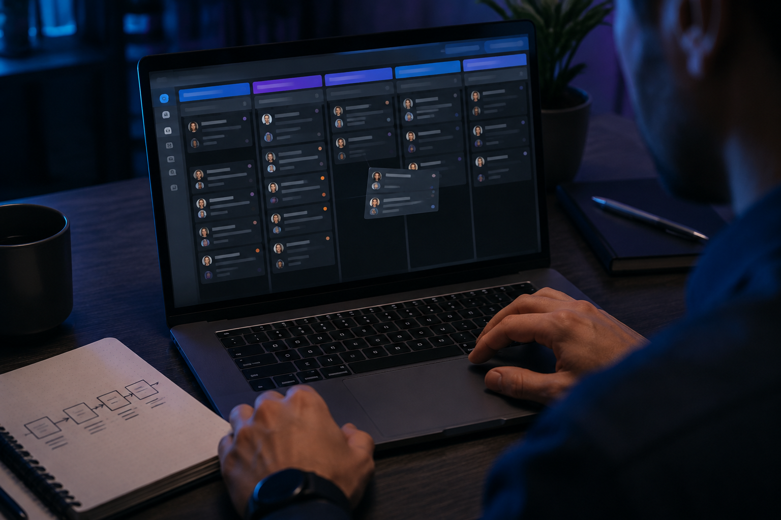 Consultant configuring a CRM workflow on a laptop