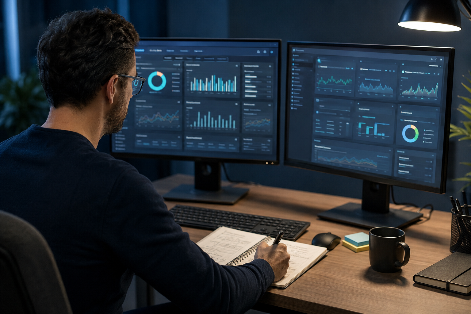 Consultant comparing business software dashboards