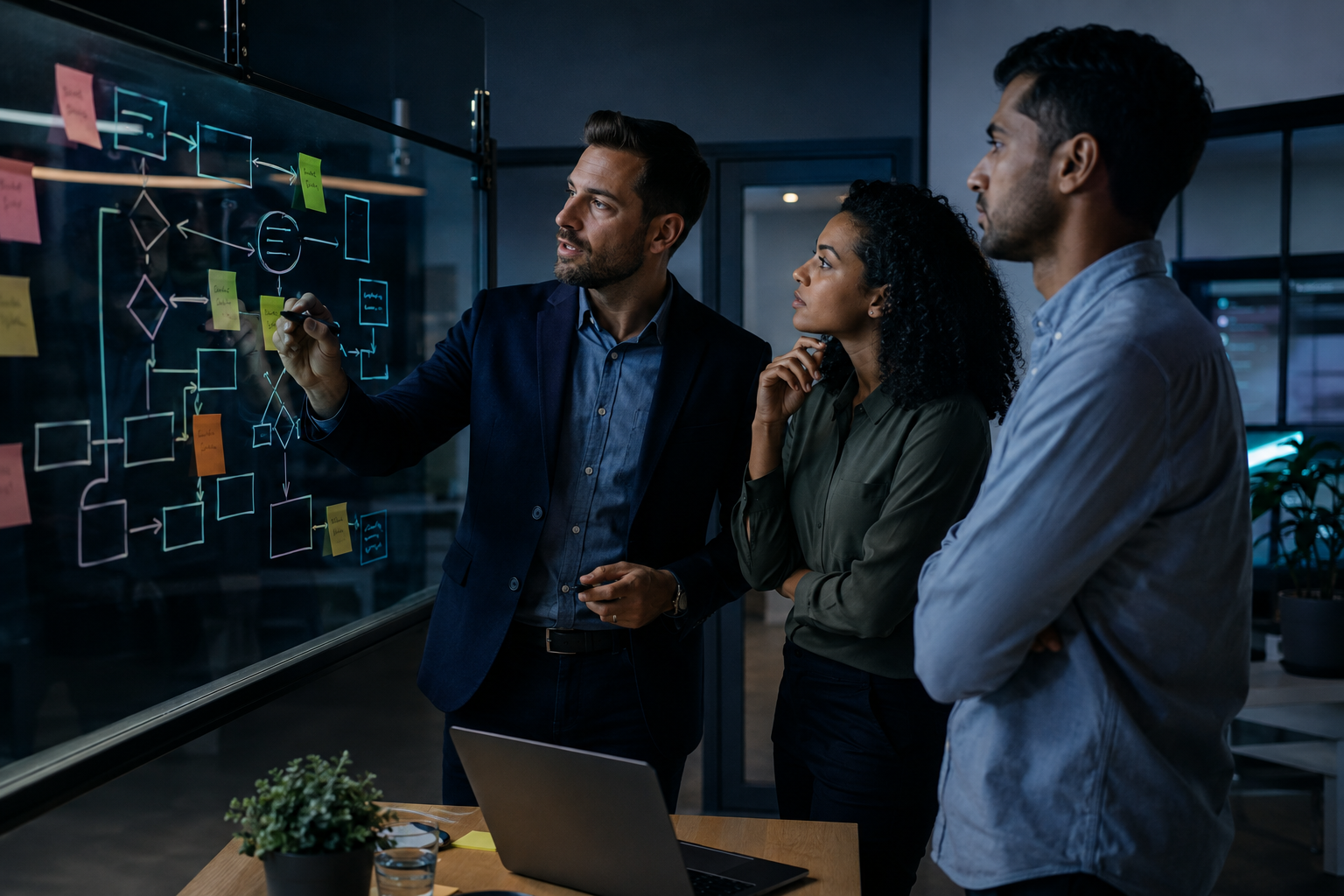 Team mapping a workflow on a glass board